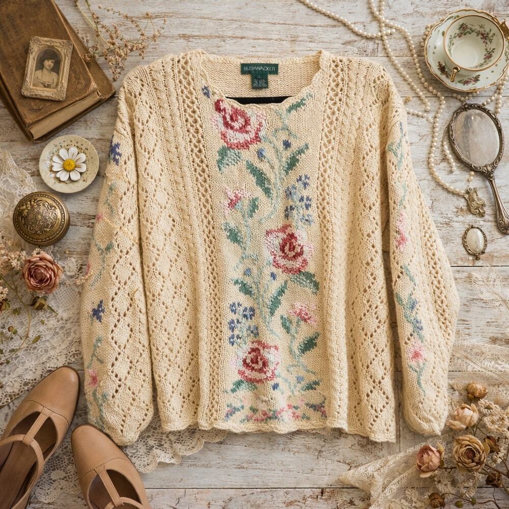 Vintage Bushwacker Floral Knit Sweater | Cottagecore Cream Lace Knit Pullover